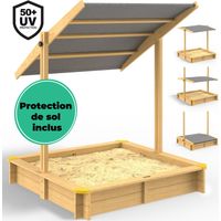 Bac à sable en bois d'épicéa 140x140 cm – Toit réglable protection UV 50+ – Tapis de sol inclus – Volume 260L pour enfants – Spielwerk