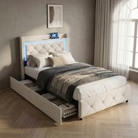 Letto con 2 cassetti 90x200, illuminazione LED e porte USB/Type-C, letto singolo, struttura letto imbottita in velluto con testiera trapuntata e mensola, Beige