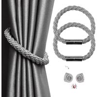 APEX Magnetic Curtain Tie Backs, 2 Pack Modern Simplicity Curtain Rope Holdbacks with Strong Magnet, Braided Rope Curtain Holder Decoration (Grey)