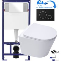 White D Shape Rimless Wall Hung Toilet & 1.12m Concealed WC Cistern Frame Set - Matt Black/Chrome Plate