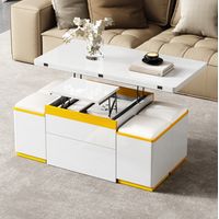 Mesa transformable de MDF blanca/amarilla 100 cm, elevable y plegable con 4 taburetes