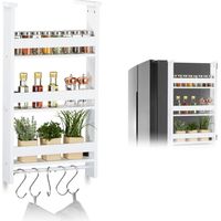 Relaxdays – Étagère suspendue pour frigo – Rangement d’épices avec barre et 5 crochets – MDF blanc – Dimensions H74xL42xP20 cm