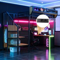 Cama alta infantil de 90x200 cm con iluminación LED, escritorio, estantes, toma de corriente y escalera de almacenamiento, metal negro