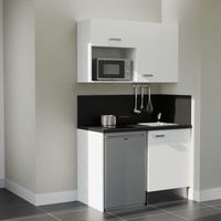 Kitchenette K07L-PT - 120 cm - plan stratifié, évier inox, - Façade Blanc - Plan Noir texturé - Evier Inox - Crédences Oui + Electroménager inclus coloris Inox