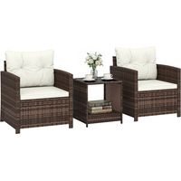 Rattan Bistroset, 3 teiliges Gartenmöbel-Set mit 2 Sessel, 2-Ebene Glastisch, abnehmbar Sitzkissen Cremeweiß