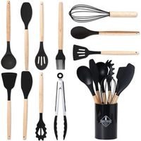 12-piece silicone kitchen utensil set – silicone kitchen utensil set with wooden handles, heat-resistant and non-stick – kitchen accessories for all cookware sets (black)