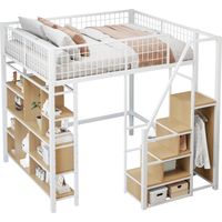 Letto a Soppalco 140×200 cm, Letto Matrimoniale con Scala Contenitore, Ripiani e Spazio Sotto, senza Materasso