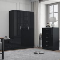 Reflect 3 Door Plain Wardrobe, 5 Drawer Chest, 2 Drawer Bedside - Black Gloss & Black Oak - Modern Bedroom Furniture Set