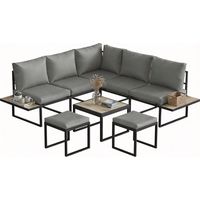 Modulares 6-Sitzer-Gartenmöbelset mit Couchtisch und Seitenregalen aus PSPC-Holz, 10 cm dicken Kissen, grau