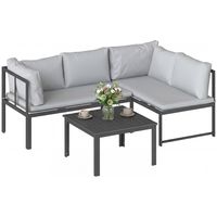 Set da Giardino 3pz con Divano Angolare 4 Posti e Tavolino a Doghe, in Metallo e Poliestere Grigio