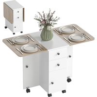 Mesa Plegable de Comedor con Ruedas Alas Abatibles 2 Cajones y Armario Hasta 6 Personas 120x60x76,5 cm Blanco y Natural