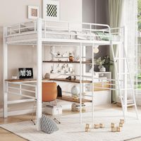 Lit mezzanine 90 x 200 cm pour enfant avec escalier, lit mi-hauteur avec barrière de sécurité, cadre de lit robuste en métal, sans matelas, blanc