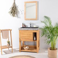 Wanda Collection – Meuble en teck massif avec vasque rectangulaire noir – Longueur 67cm – Hauteur 77cm – Profondeur 46cm – Niche et étagère intégrées