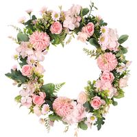 Wreath - Hydrangea - 35x35x8 cm - Rattan Frame Silk Flowers Pink Green - Indoor Outdoor Decoration - 1 Piece