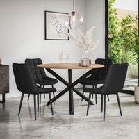 Malvern Round Dining Table And Chairs - Oak Table Top w Solid Black Oak Legs + Nova Faux Leather Dining Chair Set Of 4 (Black)