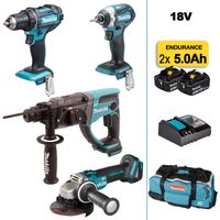 MAKITA Pack 4 machines 18V : DDF482 + DTD152 + DGA504 + DHR202 + 2 batteries 5Ah, chargeur et sac à roulettes