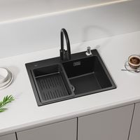Evier de Cuisine Noir avec Panier de Vidange et Distributeur de Savon, Evier 1 Bac 60x45cm Grande Capacité, Evier en Quartz et Résine de Cuisine