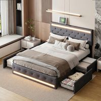 Letto matrimoniale contenitore 180x200 cm con 4 cassetti, letto imbottito con LED RGB e USB Type-C, rete a doghe, testiera in lino, letto moderno salvaspazio