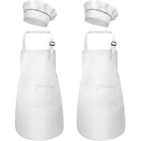 4 Pièces Blanc Tablier Enfant et Chapeau de Chef Set, Bambin Tabliers avec Poches pour Garçons Filles, Tablier de Cuisine Jardin, Tabliers de Chef Cuisson Pour Peinture L'artisanat (M pour 3-6 Ans)