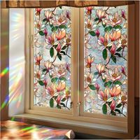 Film adhésif décoratif pour vitres à motif floral, effet vitrail, arc-en-ciel, anti-UV et statique (Lotus) - 1 pièce