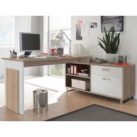 Bureau d'angle Klopp chêne/blanc – Surface de travail spacieuse – Rangement avec tiroir et étagère – Poignées métalliques brillantes – Bega Consult