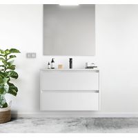 100 cm hängender Badezimmerschrank aus satinweißem Holz mit eingebautem Waschbecken – Nova - 100 cm Mit Doppelsäule Lampe - Accessorio: Standard - Misura: 100 cm