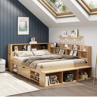Lit enfant avec rangement en contreplaqué naturel 140x200 cm, sommier à lattes inclus