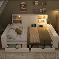 Cama moderna 140x200 cm blanca de madera con cabecero almacenaje, 2 cajones, somier de láminas y USB/USB-C