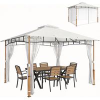 Pergola de jardín con techo doble y paredes de malla UPF50+ 360x300x275 cm Crema y Teca