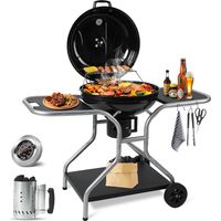 KOTEZU Barbecue Charbon de Bois Ø 54cm avec Couvercle, Chariot Thermomètre, Bac à Charbon Réglable, 2 Tablettes, Cheminée d'Allumage, pour 5-10 Personnes