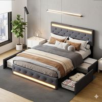 Letto 160x200 cm - letto matrimoniale con LED e 4 cassetti - letto imbottito per adulti - letto a doghe 160x200 cm - grigio