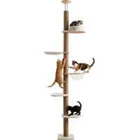 Albero Tiragraffi A Soffitto Regolabile 260-300 Cm In Legno E Juta Con Amaca A Cupola, Cuccia E Piattaforme