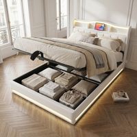 Stauraumbett 140x200 cm, Polsterbett mit Bettkasten, Doppelbett, RGB-LED und USB, aufklappbarer Lattenrost, Kopfteil mit Stauraum, Samt, Beige