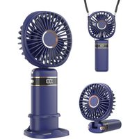 Ventilateur portable à main avec base, 5 vitesses réglables, rechargeable par USB, idéal pour voyages et bureau (bleu)