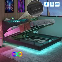 Lit coffre rembourré 140x190 cm, Simili cuir, avec éclairage LED, Rangement hydraulique, Fonction de charge USB-A/C, Sommier en bois - Noir