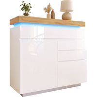 Kommode mit 2 Türen und 3 Schubladen und LED App-Steuerung, Hochglanz, aus Spanplatte, Weiß, 110×39×115 cm