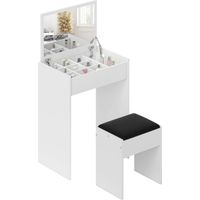 Coiffeuse de style moderne avec miroir rabattable (tabouret inclus) — Unité de rangement à 10 compartiments, structure en MDF blanc. Dimensions : 60,2 x 40,2 x 79 cm.