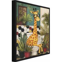 Leinwandbild Wandbild mit schwarzem Rahmen, Giraffe lustig auf Toilette, humorvolle Bad WC Wanddekoration, 100 x 70 cm