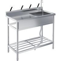 Évier inox indépendant 99×51×94 cm - simple avec plan travail - robinet 360° - eau chaude froide - étagère - cuisine buanderie garage