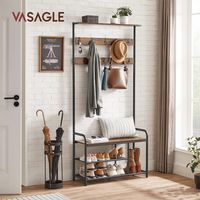 VASAGLE Perchero con Zapatero, Mueble Recibidor con 9 Ganchos Extraíbles, Banco, Estante, 30 x 85 x 180,5 cm, Pasillo Dormitorio Apartamento, Industrial, Marrón Rústico y Negro