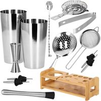 SPRINGOS 13-teiliges Cocktail-Shaker-Set mit Tin Tin Shaker Mit Bambusständer Cocktail Set aus Edelstahl Schnapsgießer Für Mixgetränke Exotischste Cocktails Hausbar Barlöffel