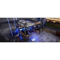 Hochbett, Eisenrahmen, Ablagefach, Treppenkonstruktionen mit Stauraum, Sicherheitsgeländer, mit LED-Lichtleiste, Schreibtisch, mit USB-Anschluss, ohne Matratze