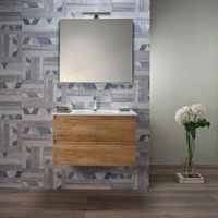 Mobile Bagno Sospeso 80 cm Rovere Naturale 2 Cassetti Lavabo e Specchio