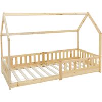 ML-Design Letto a Casetta per Bambini 90 x 200 cm Naturale, in Legno di Pino, Struttura con Protezione Anticaduta, Tetto e Rete a Doghe, Lettino a Terra Montessori a Forma di Casa per Cameretta