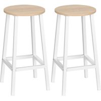 Set 2 Sgabelli da Cucina in Truciolato e Acciaio con Piano Liscio e Poggiapiedi, 32.5x32.5x65 cm, Bianco e Legno