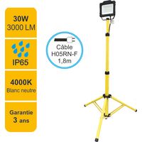 Projecteur LED de chantier 30W 3000lm 4000K avec trépied ajustable - garantie 3 ans
