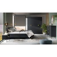 Vollständiges Schlafzimmer MONDO – Strukturschwarz und Gold – Bett 160x200 mit Lattenrost + Schrank + Kommode + 2 Nachttische