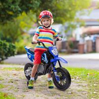 Moto elettrica per bambini, moto da cross per bambini dai 3 ai 6 anni, 2 motori da 12V, velocità massima 5 km/h, 107x56x70 cm, blu