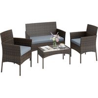Conjunto Muebles Jardín de Ratán Sintético con Sofá Sillones y Mesa de Vidrio Templado y Cojines Marrón y Gris