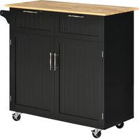 Carrello da Cucina Legno 2 Cassetti Armadietto 4 Ruote Nero 104x46x91cm
